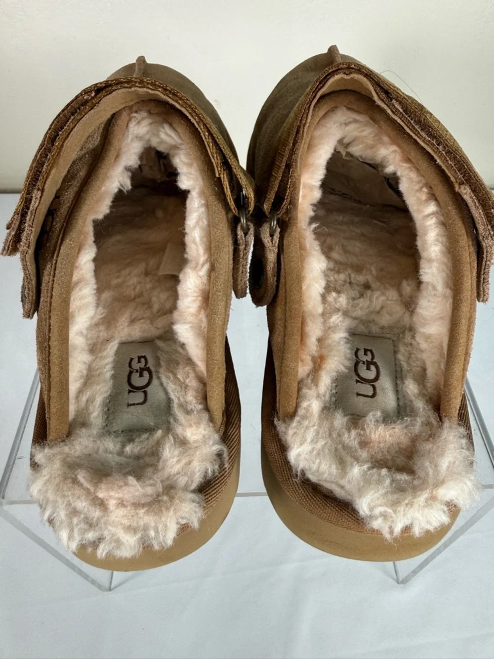 UGG Lanah Chestnut Suede Leather Platform Clogs Mules Fur Lined Slippers Size 9 - Picture 8 of 13